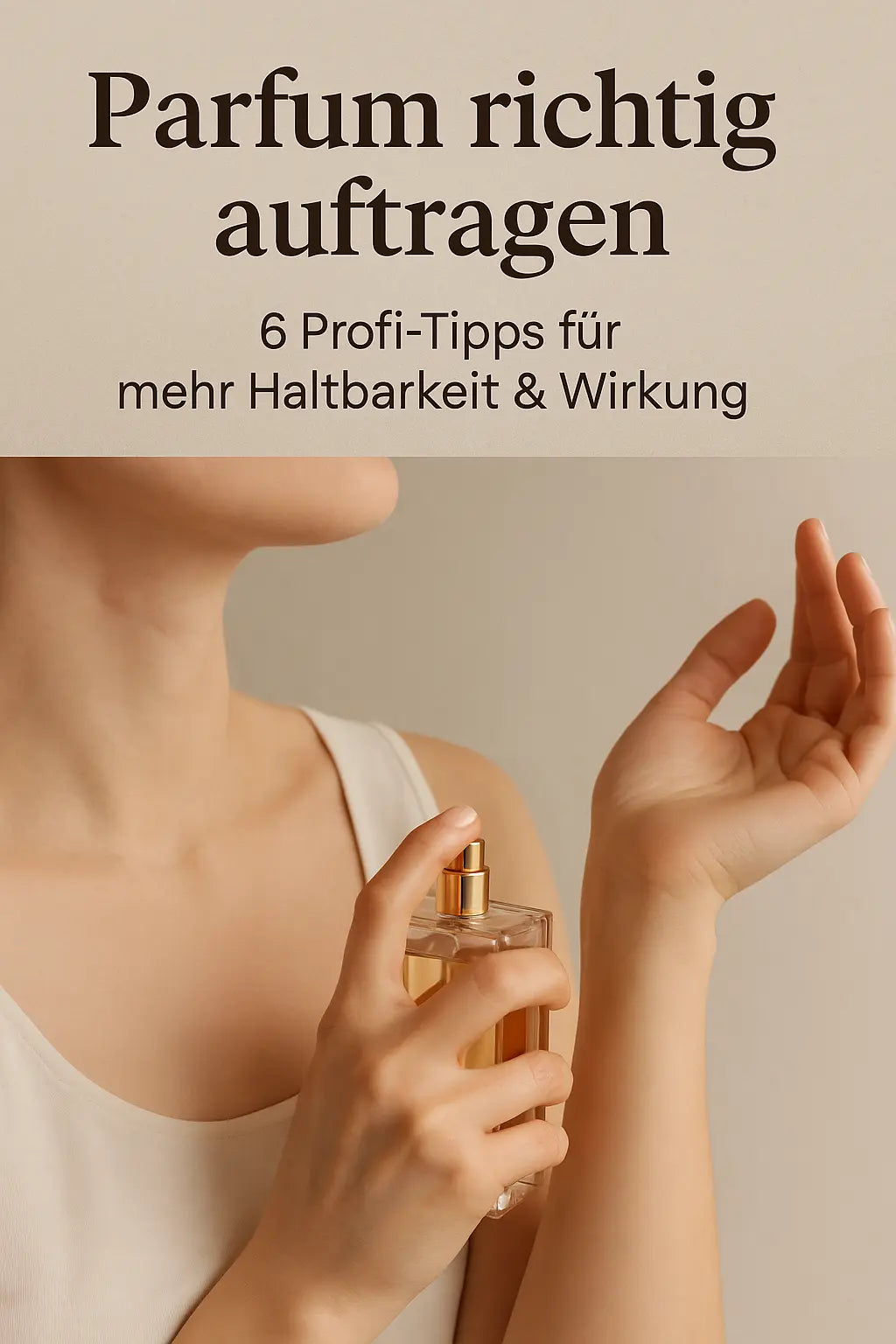 Parfum richtig auftragen. Frau riecht an ihrem Arm nachdem sie Parfum aufgetragen hat