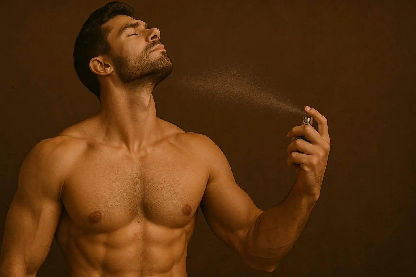 Herr sprüht Parfum auf seinen Körper