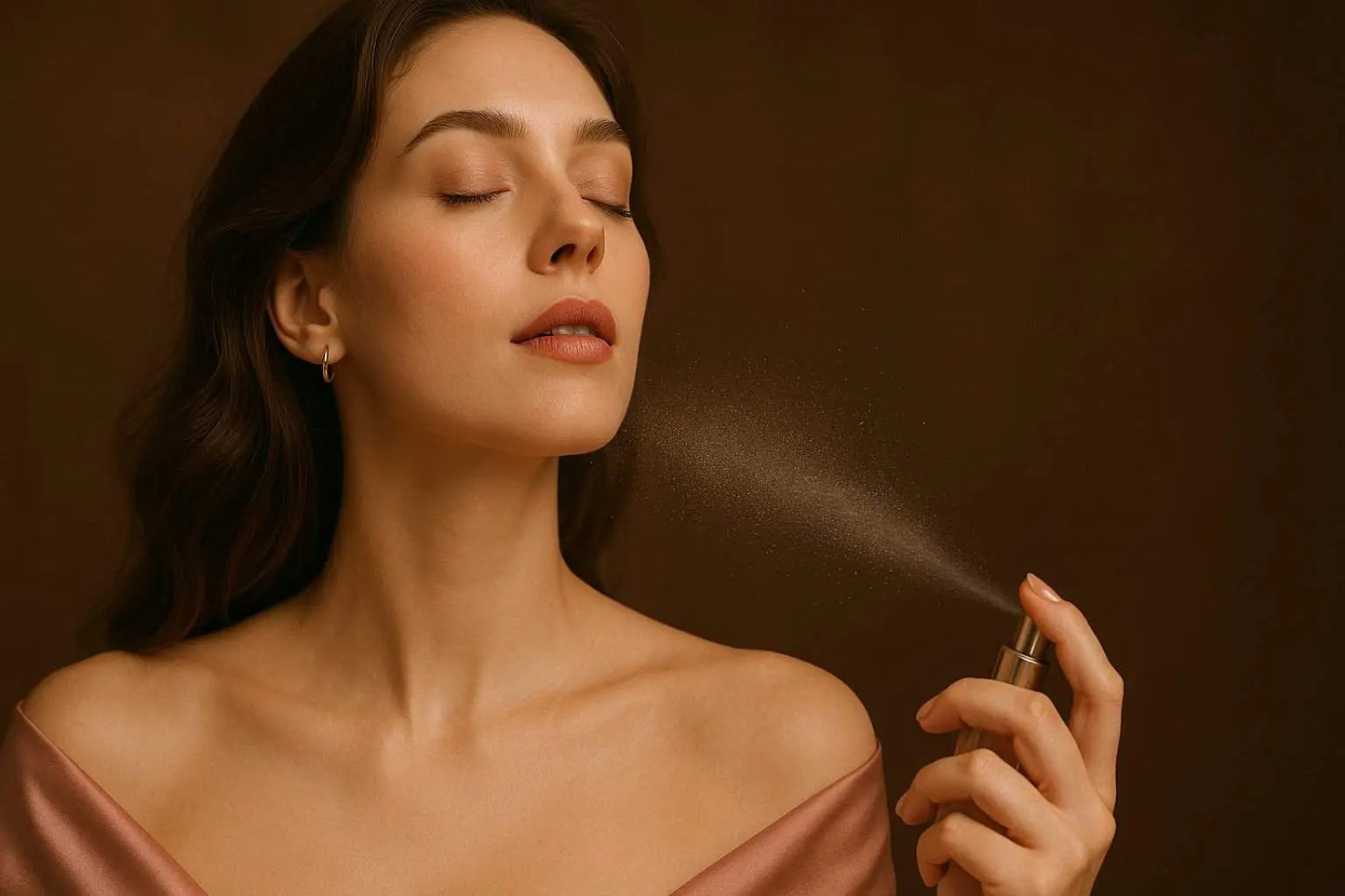 Dame sprüht Parfum auf ihren Körper