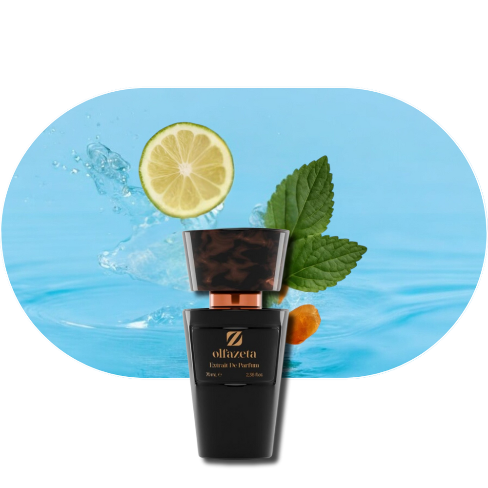 Chogan Parfum 079 schwarzer Flakon mit Zitrone, Minzblatt und Wasserspritzern, aromatischer Herrenduft
