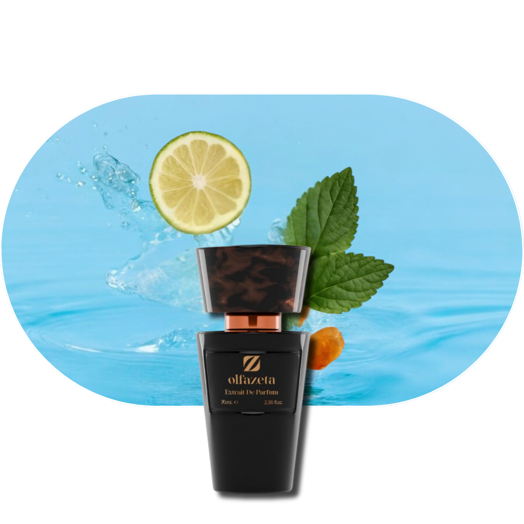 Chogan Parfum 079 schwarzer Flakon mit Zitrone, Minzblatt und Wasserspritzern, aromatischer Herrenduft