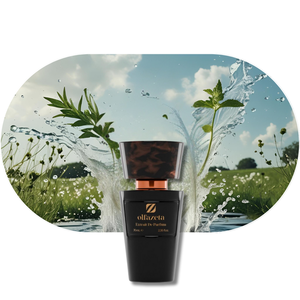 Chogan Parfum 113 Flakon vor Wasserspritzern und grünen Kräutern auf Wiese bei blauem Himmel