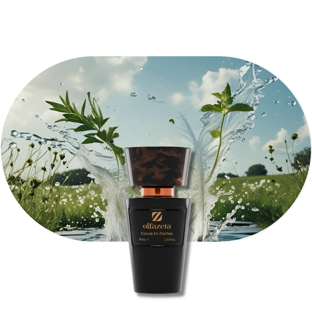 Chogan Parfum 113 Flakon vor Wasserspritzern und grünen Kräutern auf Wiese bei blauem Himmel