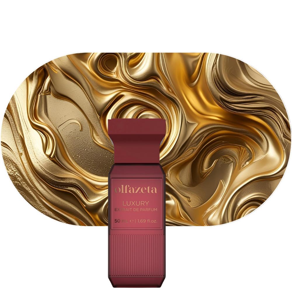 Chogan Parfum 118 Flakon vor goldenem abstraktem Hintergrund, luxuriöser blumig-ambra Duft mit Jasmin, Ambergris und Zedernholznoten.