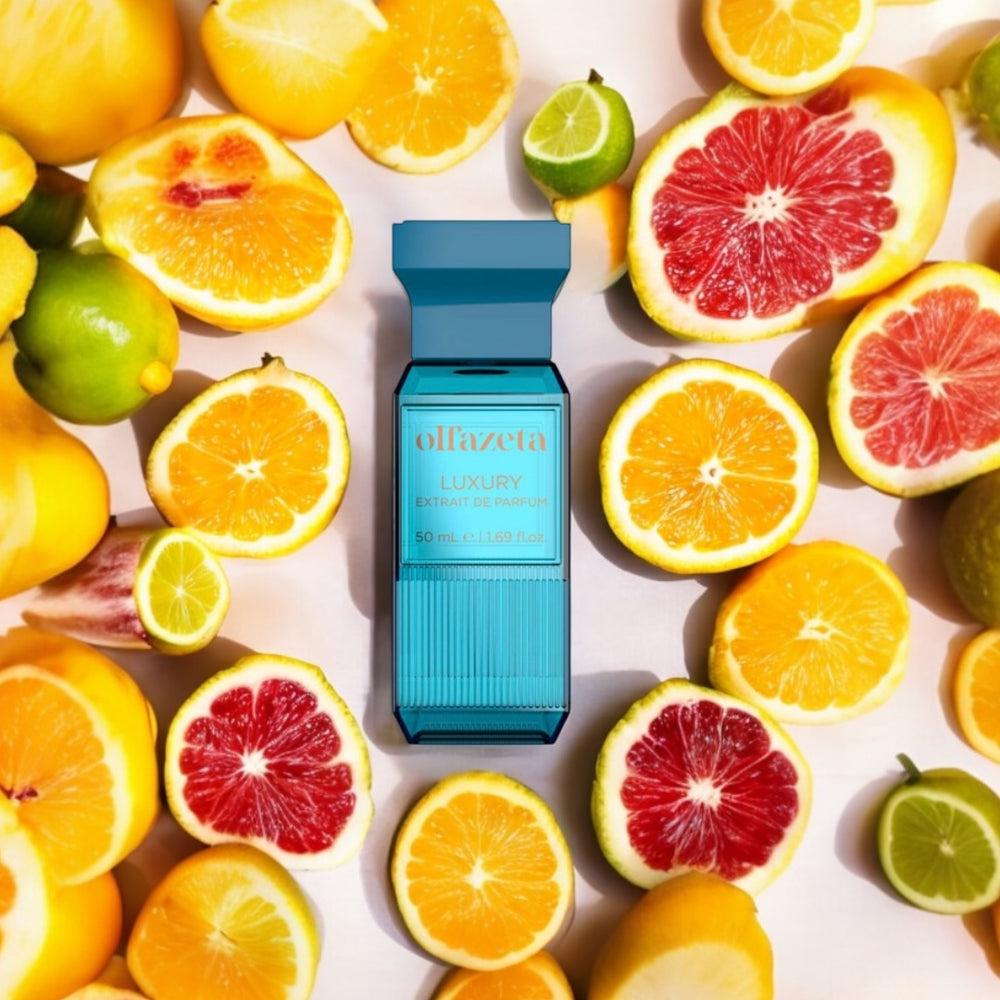 
                  
                    Olfazeta Luxury Extrait de Parfum – Unisexduft in türkisfarbener Flasche, umgeben von Zitronenund Orangen. Frischer Sommerduft, inspiriert von mediterraner Leichtigkeit
                  
                