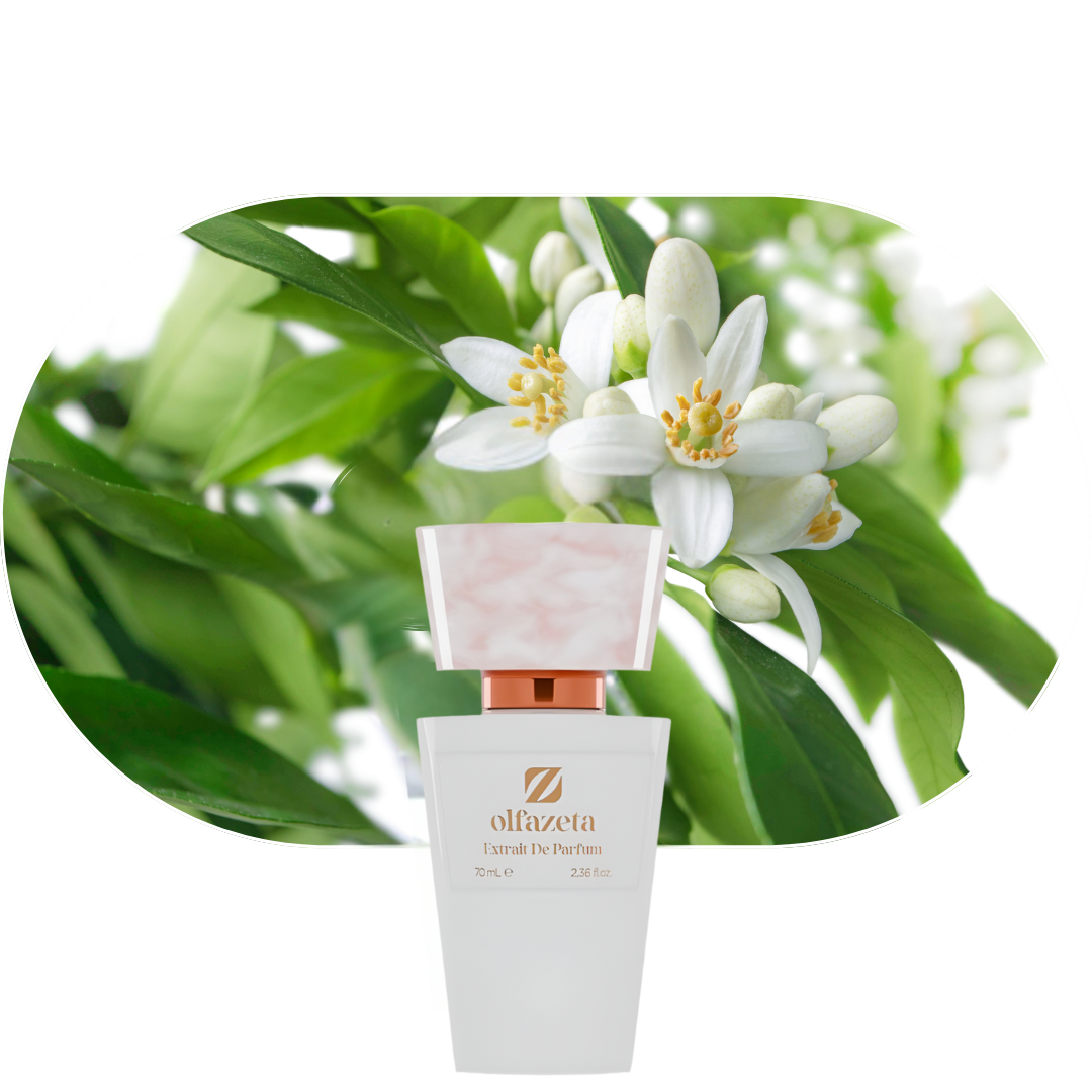 Chogan Parfum 133 mit blumigen Noten von Jasmin und Neroli vor grünem Blütenhintergrund