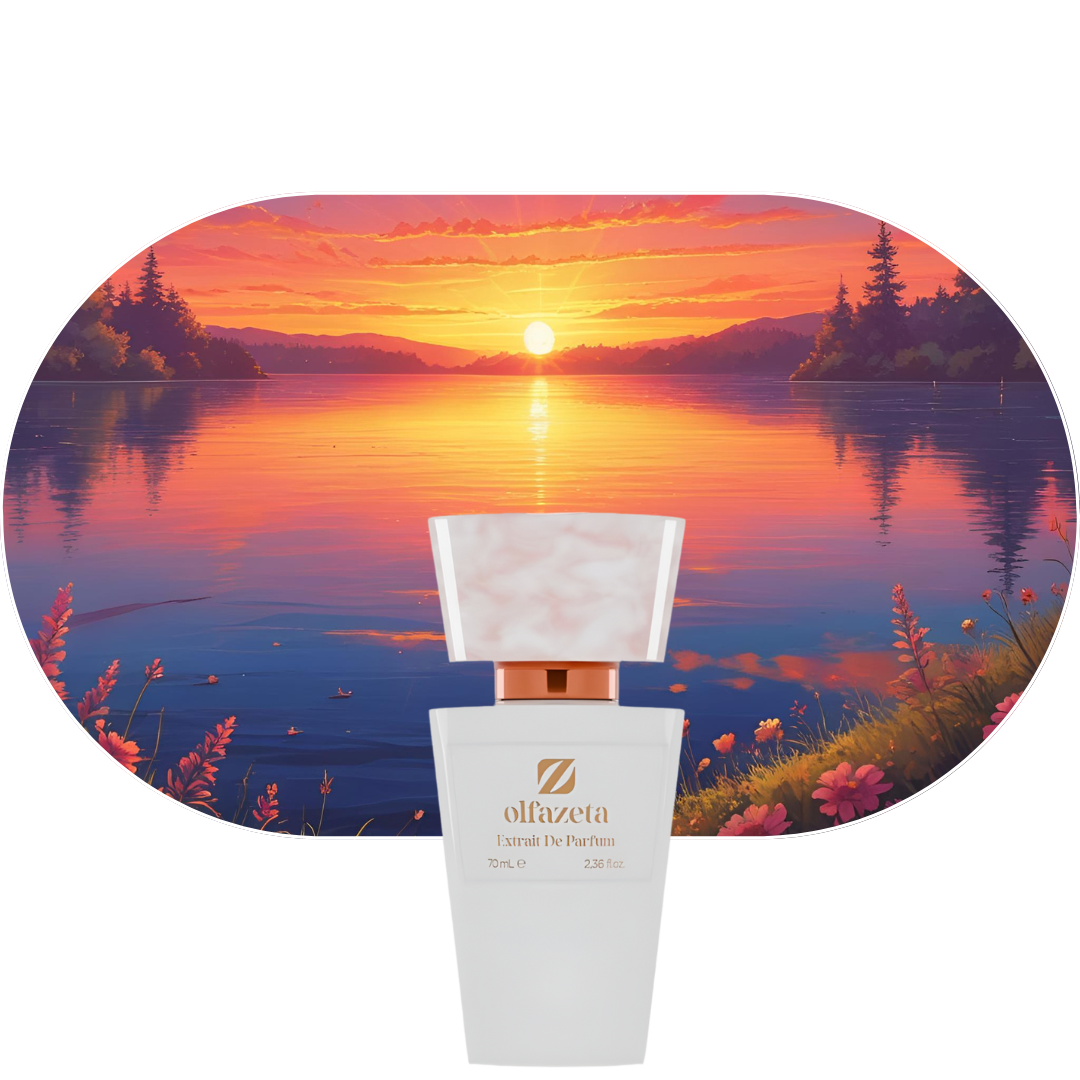 Chogan Parfum 263 mit samtigem, süßem Duft aus Alpenveilchen, Jasmin und Vanille vor Sonnenuntergang am See.