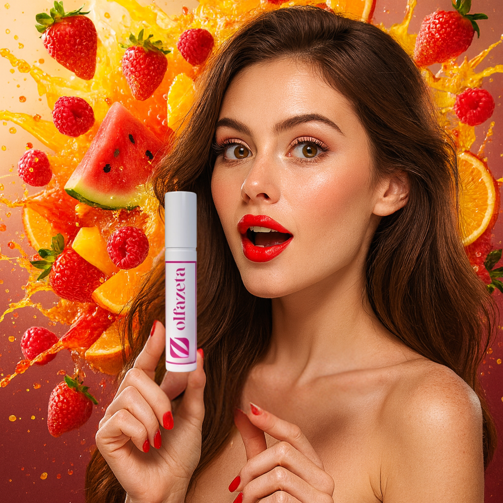 Frau mit Früchten im Hintergrund und Olfazeta Duftprobe