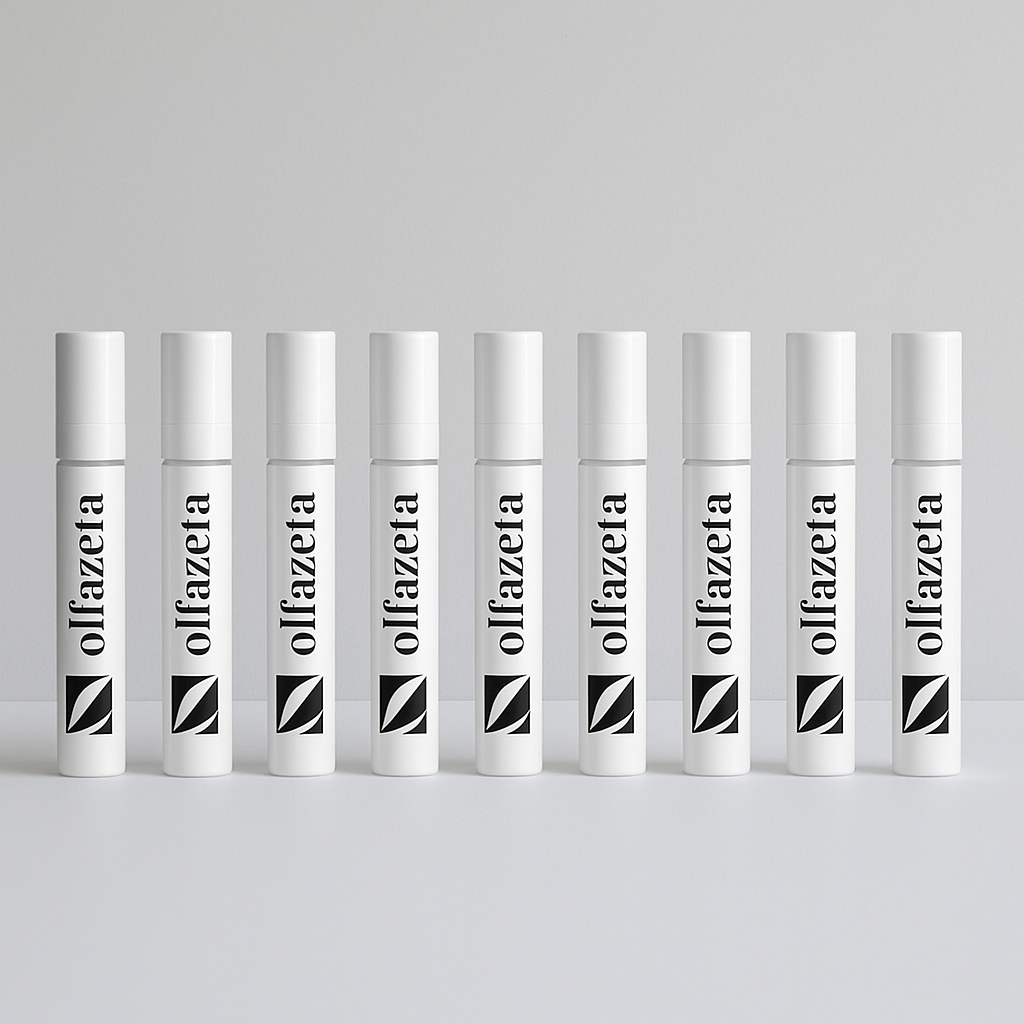 9 Olfazeta Duftproben nebeneinander in schwarz weiß